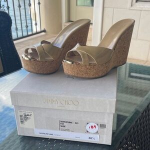 Jimmy Choo Nude Patent Wedge Sandals